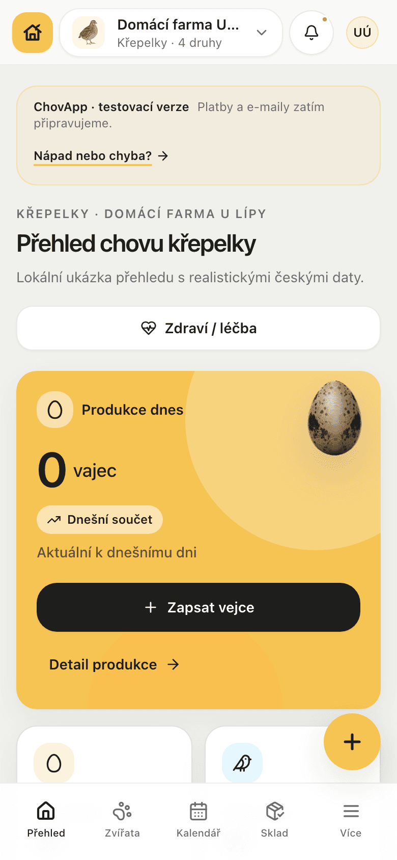 Mobilní přehled ChovApp v telefonu